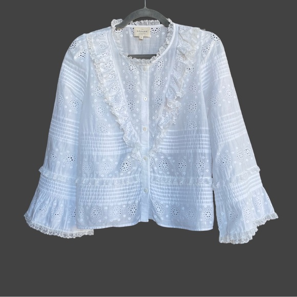SEZANE White Floral Eyelet Embroidered Pleated Lace Ruffle Bell Sleeve Nele Top - Picture 4 of 17